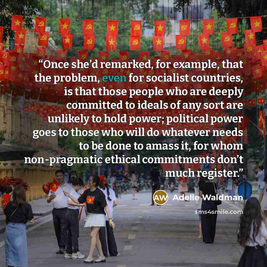 “Once she’d remarked, for example, that the problem, even for socialist countries, is that those people who are deeply committed to ideals of any sort are unlikely to hold power; political power goes to those who will do whatever needs to be done to amass it, for whom non-pragmatic ethical…” quote by Adelle Waldman