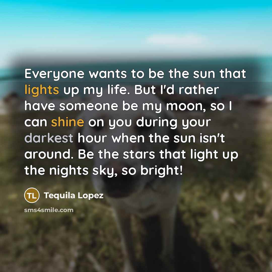 “Everyone wants to be the sun that lights up my life. But I'd rather have someone be my moon, so I can shine on you during your darkest hour when the sun isn't around. Be the stars that light up the nights sky, so bright!” quote by Tequila Lopez