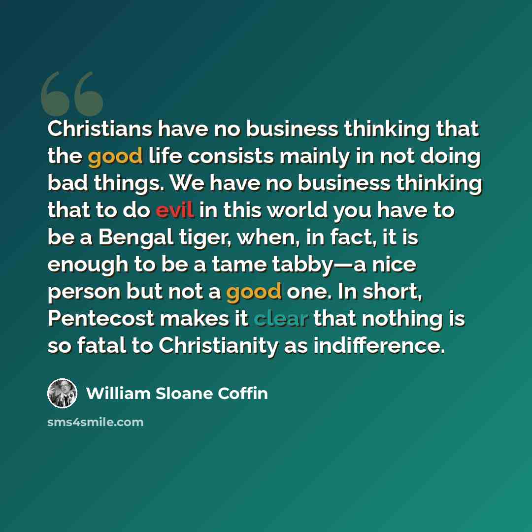 “Christians have no business thinking that the good life consists mainly in not doing bad things. We have no business thinking that to do evil in this world you have to be a Bengal tiger, when, in fact, it is enough to be a tame tabby—a nice person but not a good one. In short, Pentecost makes it…” quote by William Sloane Coffin