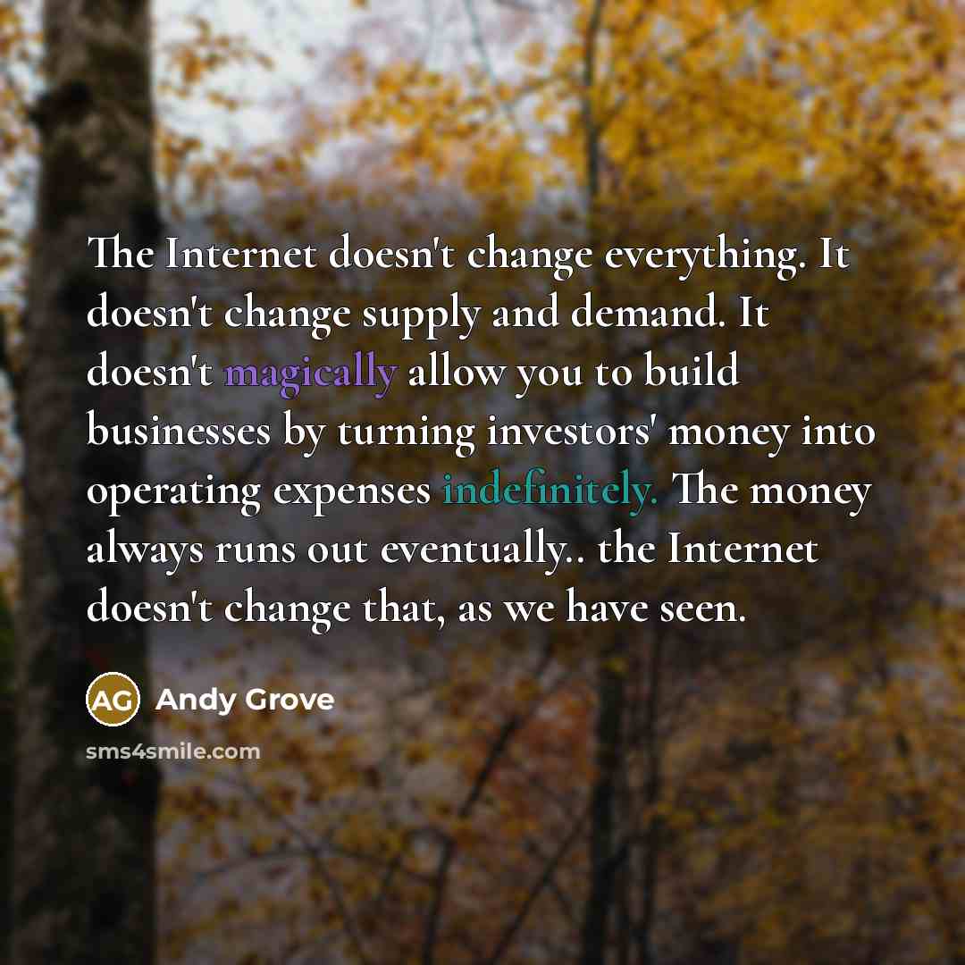 “The Internet doesn't change everything. It doesn't change supply and demand. It doesn't magically allow you to build businesses by turning investors' money into operating expenses indefinitely. The money always runs out eventually.. the Internet doesn't change that, as we have seen.” quote by Andy Grove