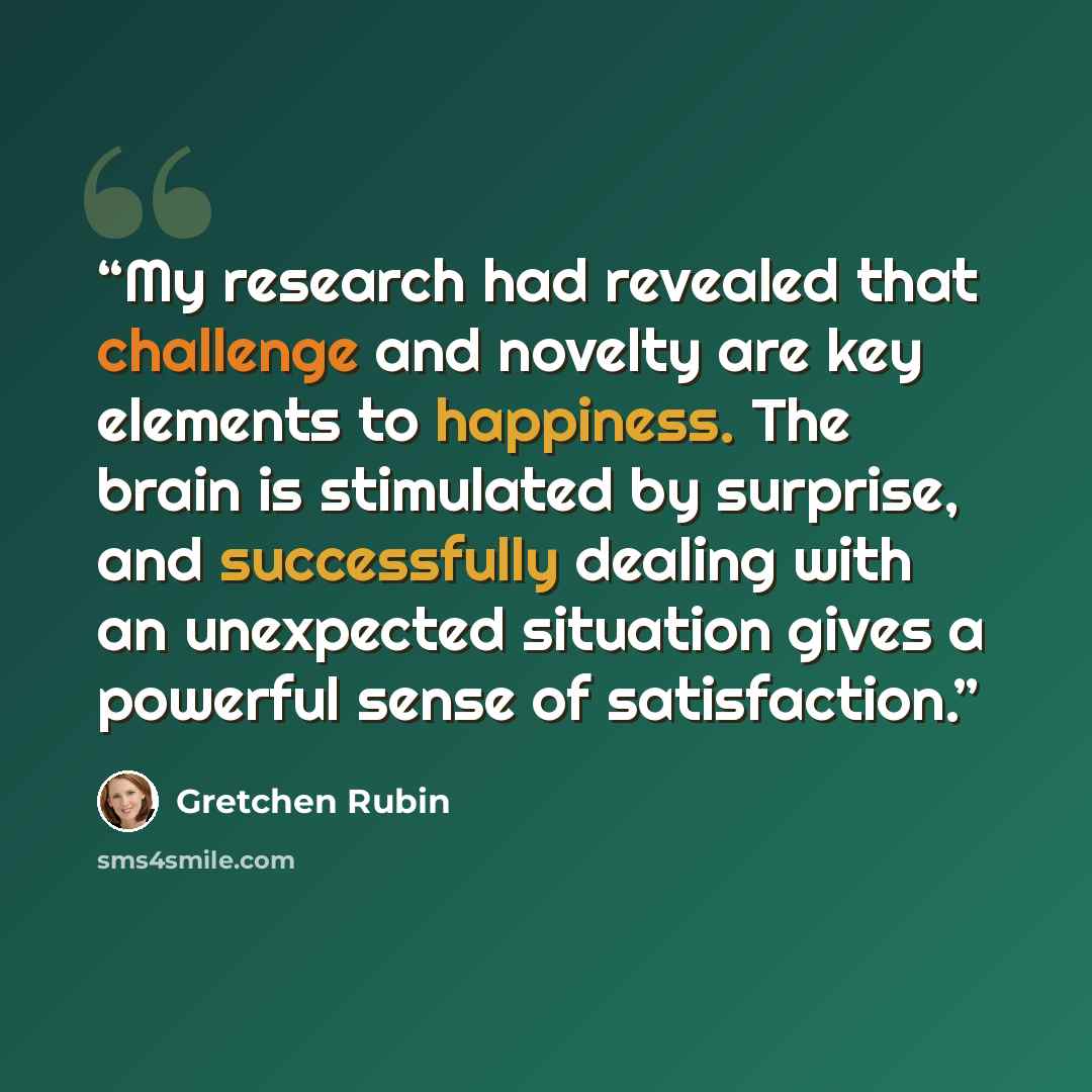 “My research had revealed that challenge and novelty are key elements to happiness. The brain is stimulated by surprise, and successfully dealing with an unexpected situation gives a powerful sense of satisfaction.” quote by Gretchen Rubin