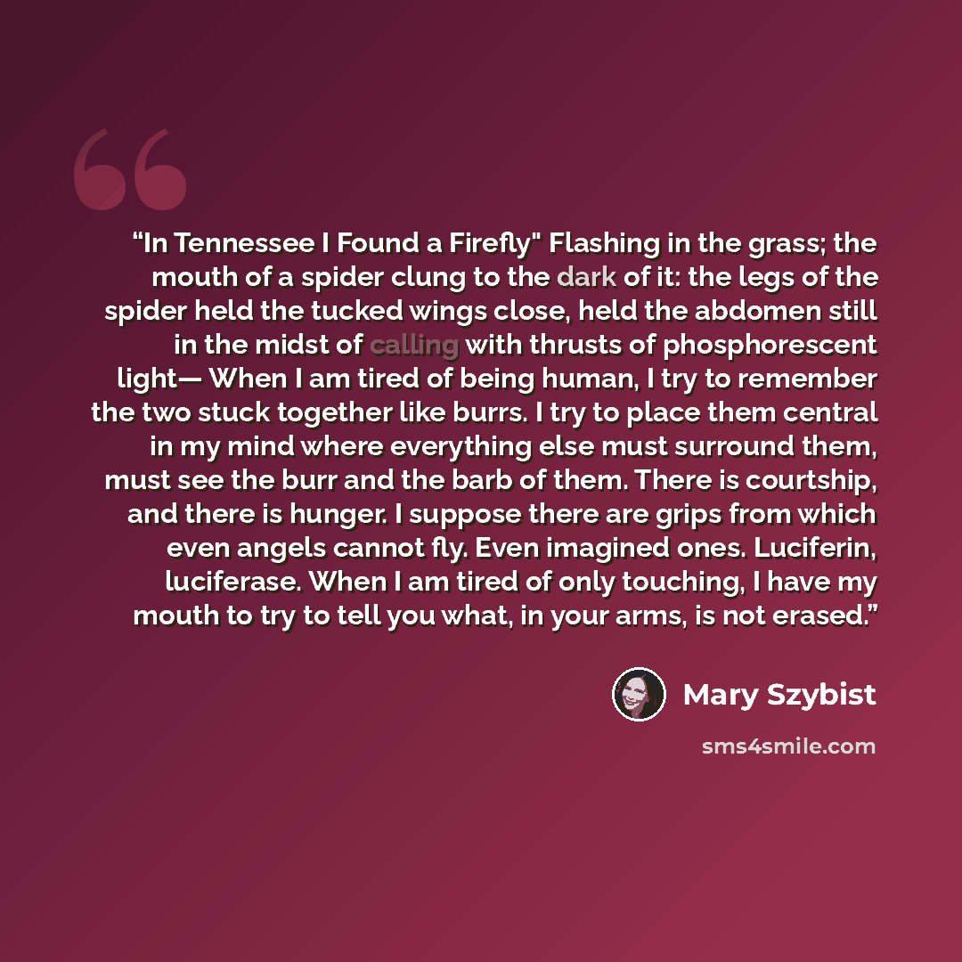 “In Tennessee I Found a Firefly" Flashing in the grass; the mouth of a spider clung to the dark of it: the legs of the spider held the tucked wings close, held the abdomen still in the midst of calling with thrusts of phosphorescent light— When I am tired of being human, I try to remember the two…” quote by Mary Szybist