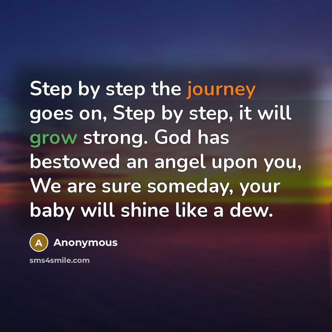 “Step by step the journey goes on, Step by step, it will grow strong. God has bestowed an angel upon you, We are sure someday, your baby will shine like a dew.” quote by Anonymous