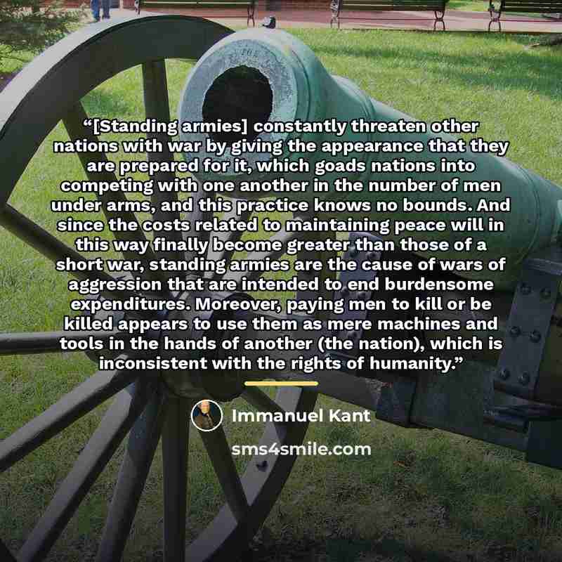 “[Standing armies] constantly threaten other nations with war by giving the appearance that they are prepared for it, which goads nations into competing with one another in the number of men under arms, and this practice knows no bounds. And since the costs related to maintaining peace will in this…” quote by Immanuel Kant