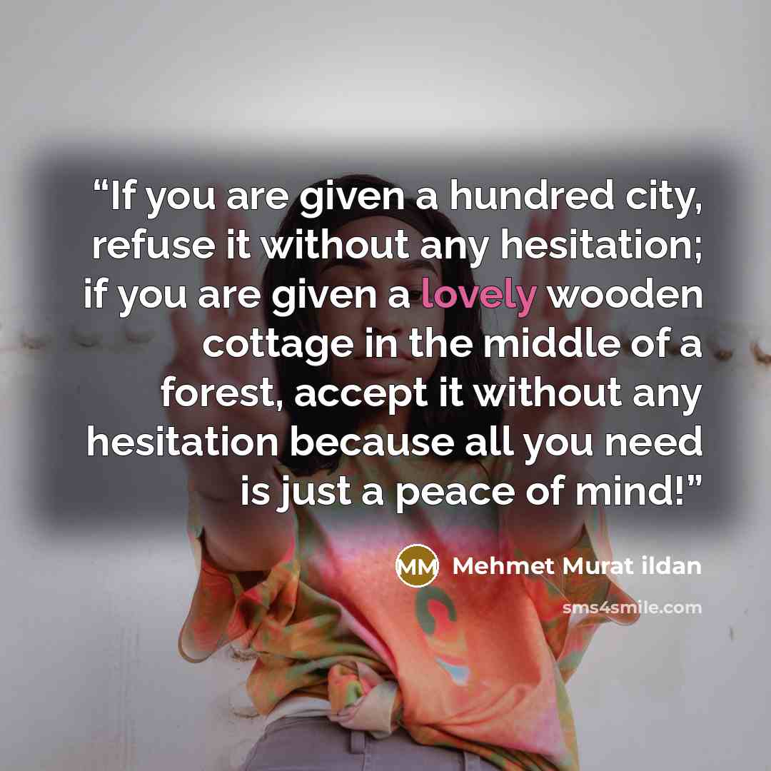 “If you are given a hundred city, refuse it without any hesitation; if you are given a lovely wooden cottage in the middle of a forest, accept it without any hesitation because all you need is just a peace of mind!” quote by Mehmet Murat ildan