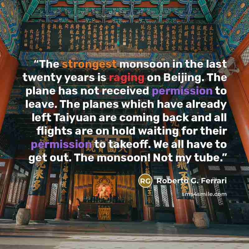 “The strongest monsoon in the last twenty years is raging on Beijing. The plane has not received permission to leave. The planes which have already left Taiyuan are coming back and all flights are on hold waiting for their permission to takeoff. We all have to get out. The monsoon! Not my tube.” quote by Roberto G. Ferrari