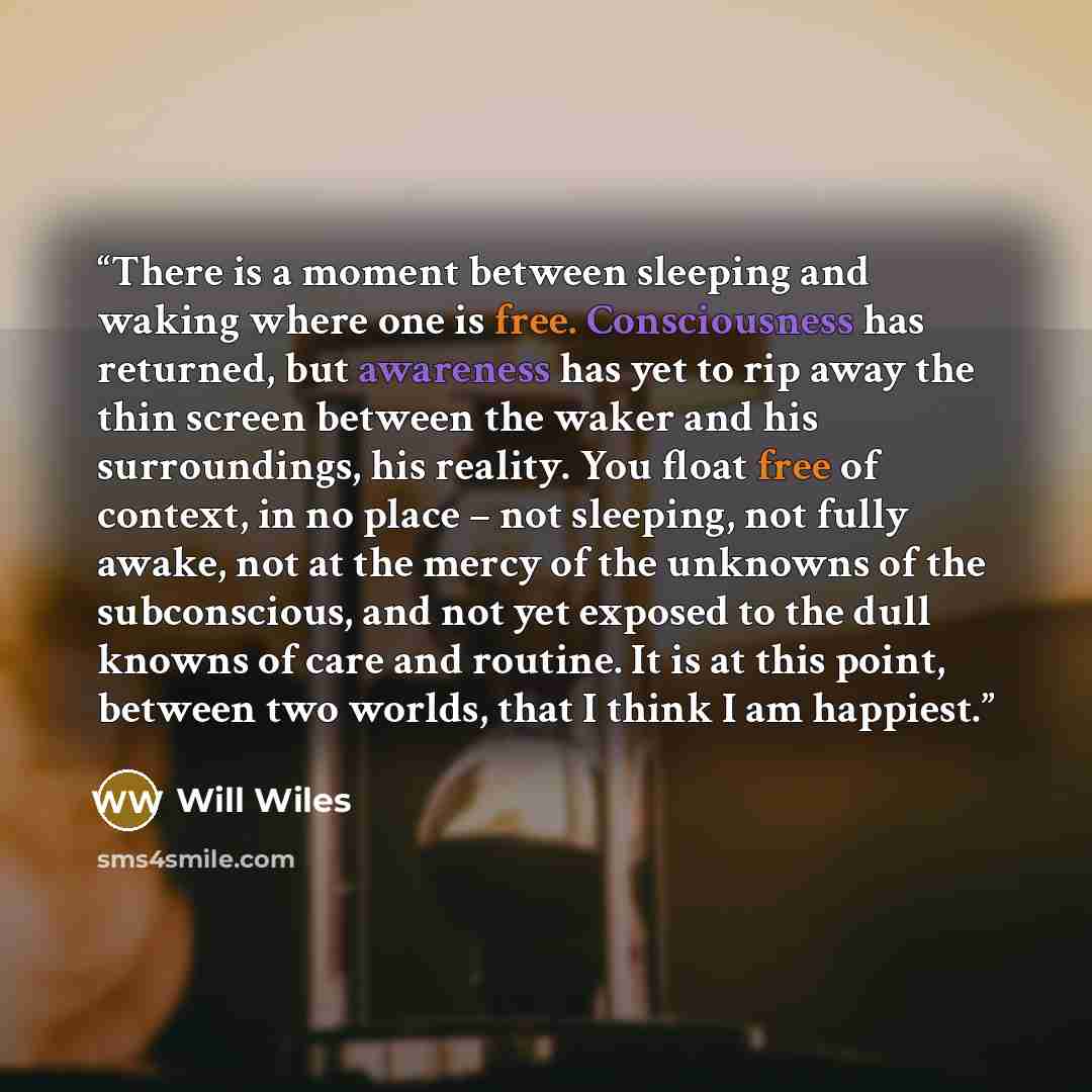 “There is a moment between sleeping and waking where one is free. Consciousness has returned, but awareness has yet to rip away the thin screen between the waker and his surroundings, his reality. You float free of context, in no place – not sleeping, not fully awake, not at the mercy of the…” quote by Will Wiles