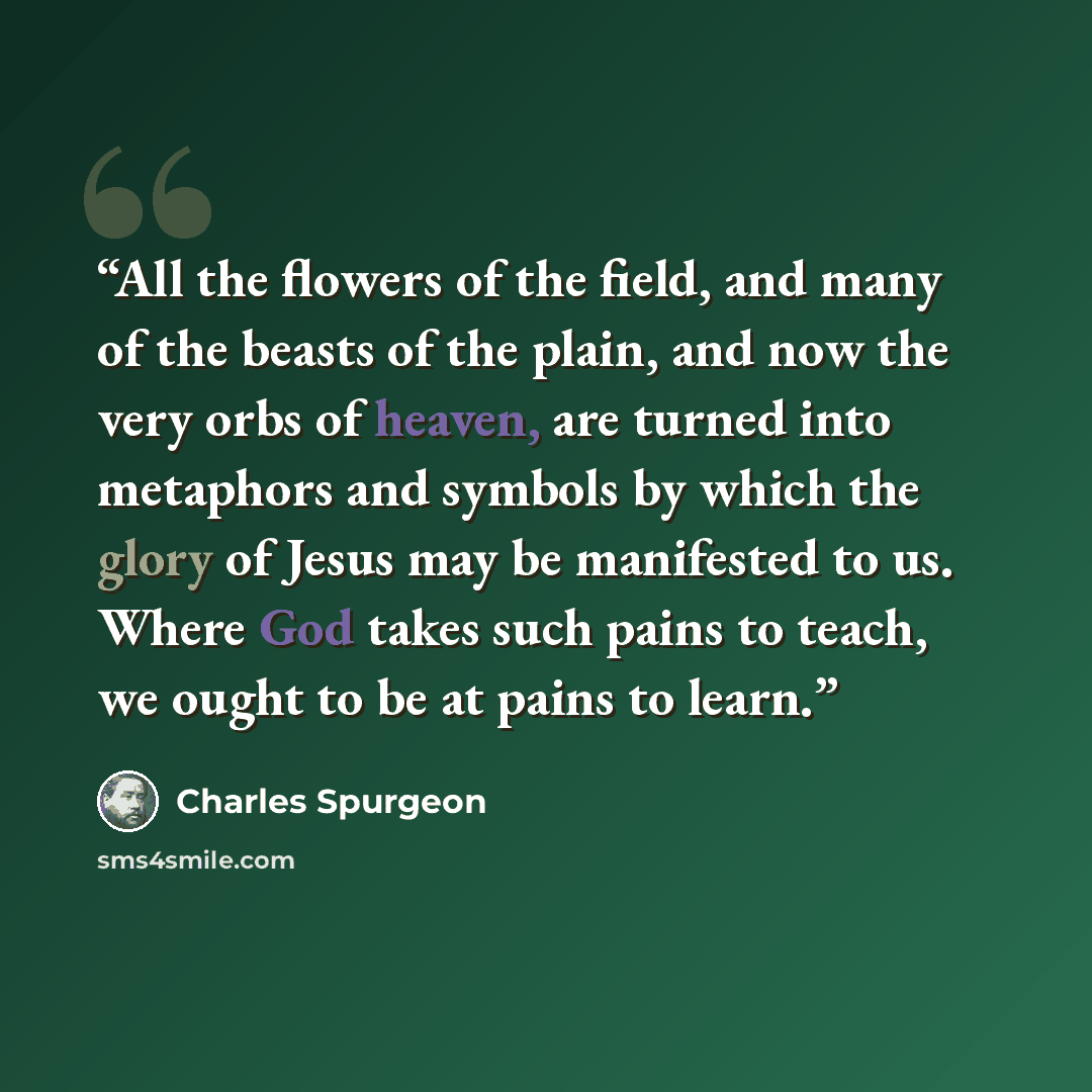 “All the flowers of the field, and many of the beasts of the plain, and now the very orbs of heaven, are turned into metaphors and symbols by which the glory of Jesus may be manifested to us. Where God takes such pains to teach, we ought to be at pains to learn.” quote by Charles Spurgeon
