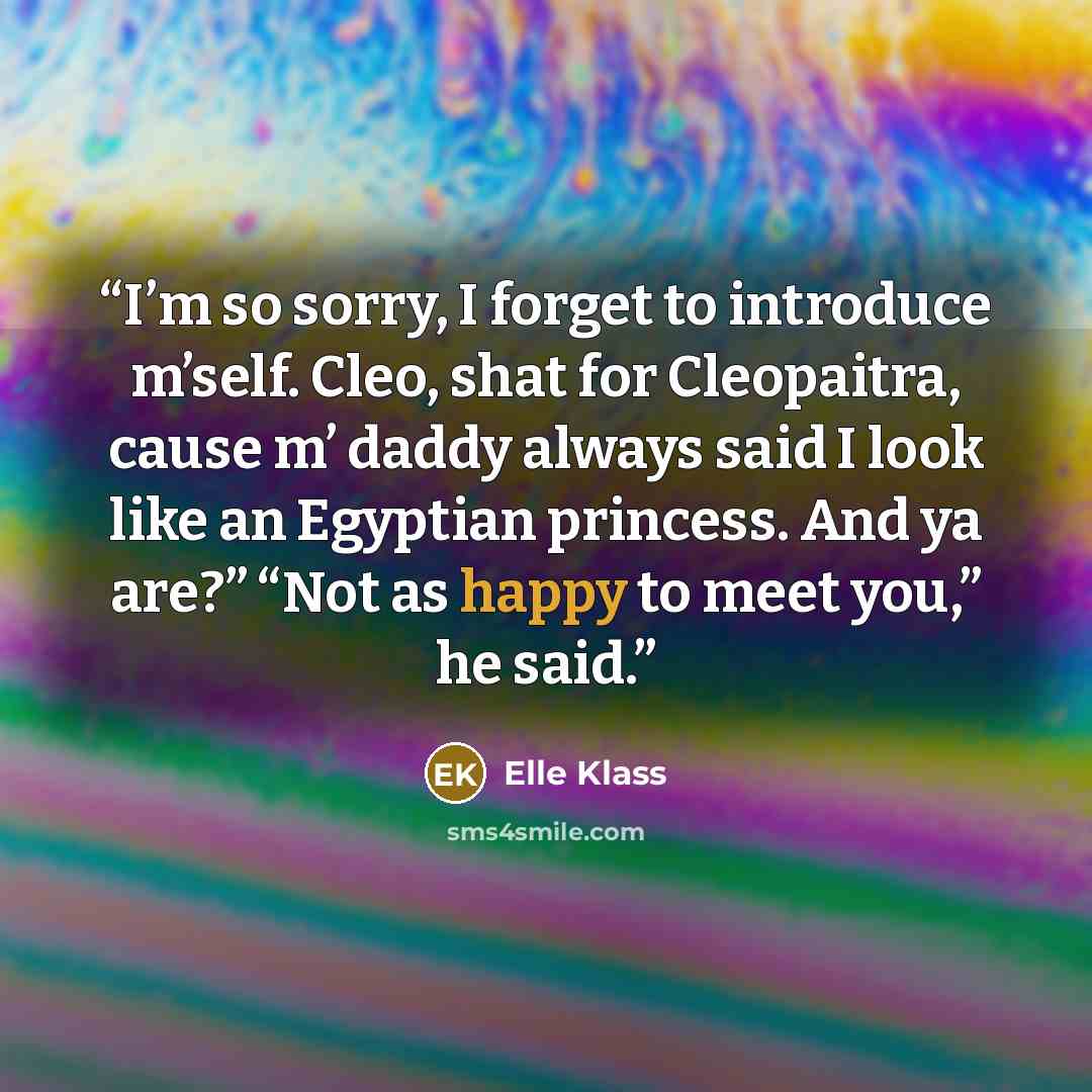 “I’m so sorry, I forget to introduce m’self. Cleo, shat for Cleopaitra, cause m’ daddy always said I look like an Egyptian princess. And ya are?” “Not as happy to meet you,” he said.” quote by Elle Klass