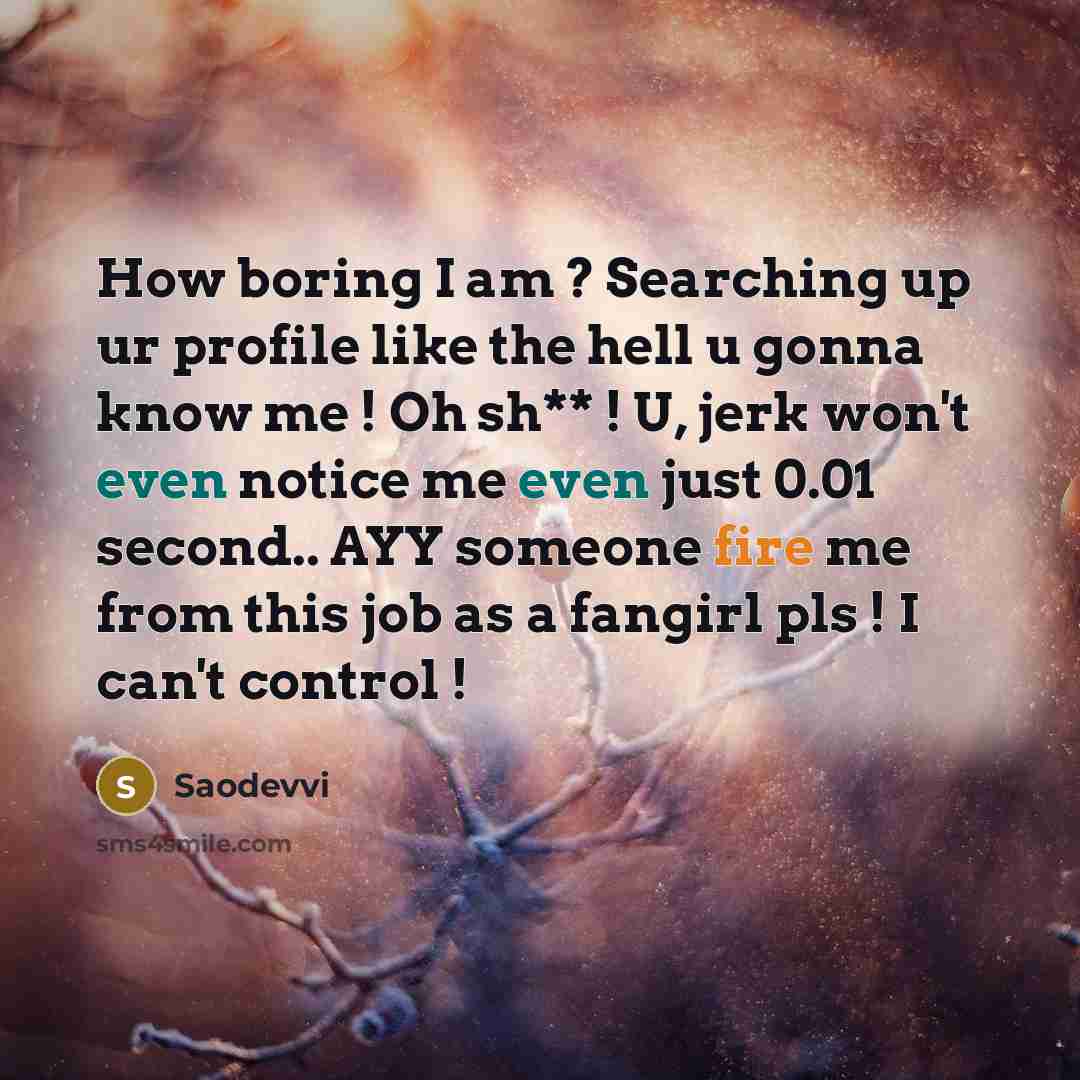 “How boring I am ? Searching up ur profile like the hell u gonna know me ! Oh sh** ! U, jerk won't even notice me even just 0.01 second.. AYY someone fire me from this job as a fangirl pls ! I can't control !” quote by Saodevvi