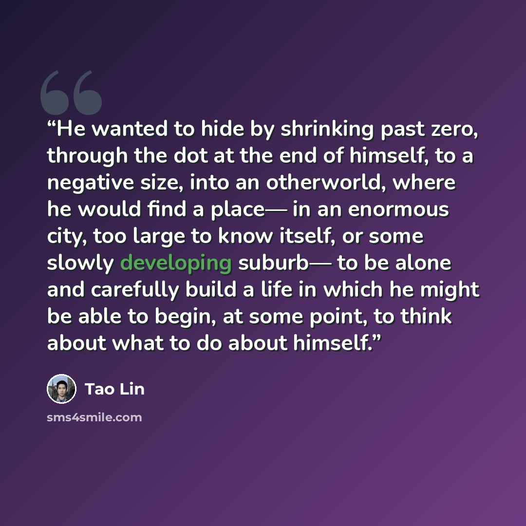 “He wanted to hide by shrinking past zero, through the dot at the end of himself, to a negative size, into an otherworld, where he would find a place— in an enormous city, too large to know itself, or some slowly developing suburb— to be alone and carefully build a life in which he might be able to…” quote by Tao Lin