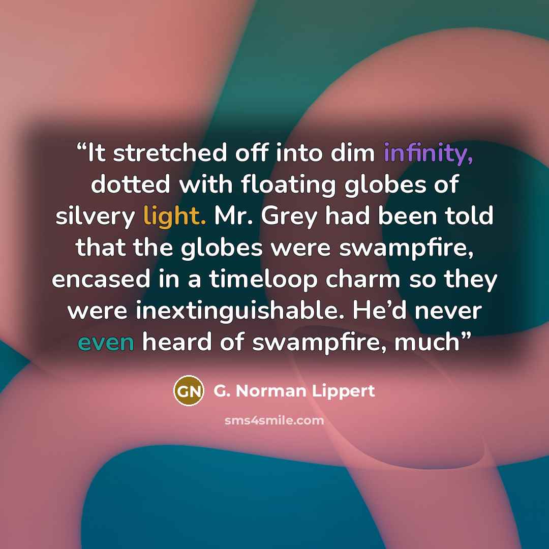 “It stretched off into dim infinity, dotted with floating globes of silvery light. Mr. Grey had been told that the globes were swampfire, encased in a timeloop charm so they were inextinguishable. He’d never even heard of swampfire, much” quote by G. Norman Lippert
