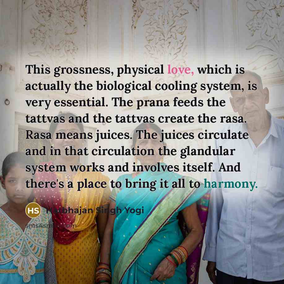 “This grossness, physical love, which is actually the biological cooling system, is very essential. The prana feeds the tattvas and the tattvas create the rasa. Rasa means juices. The juices circulate and in that circulation the glandular system works and involves itself. And there's a place to…” quote by Harbhajan Singh Yogi