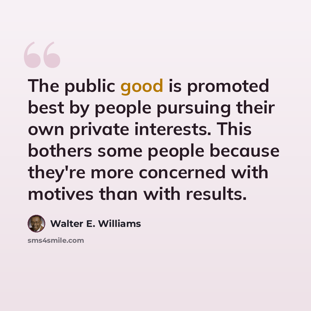 “The public good is promoted best by people pursuing their own private interests. This bothers some people because they're more concerned with motives than with results.” quote by Walter E. Williams