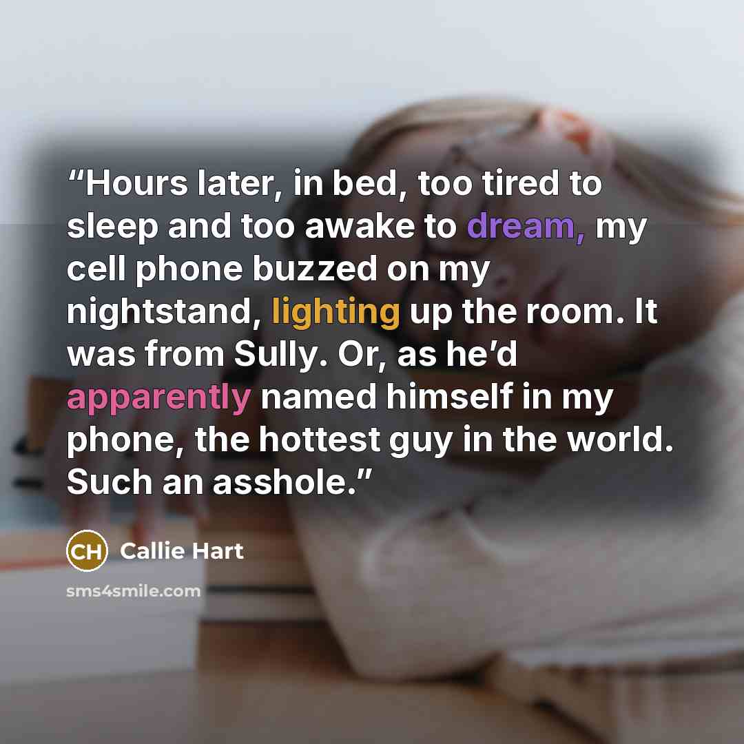 “Hours later, in bed, too tired to sleep and too awake to dream, my cell phone buzzed on my nightstand, lighting up the room. It was from Sully. Or, as he’d apparently named himself in my phone, the hottest guy in the world. Such an asshole.” quote by Callie Hart