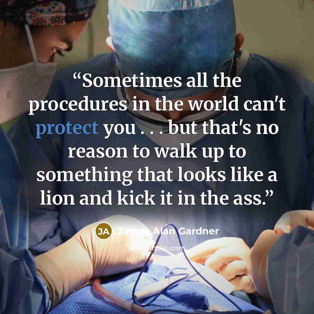 “Sometimes all the procedures in the world can't protect you . . . but that's no reason to walk up to something that looks like a lion and kick it in the ass.” quote by James Alan Gardner