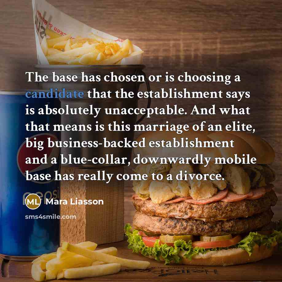 “The base has chosen or is choosing a candidate that the establishment says is absolutely unacceptable. And what that means is this marriage of an elite, big business-backed establishment and a blue-collar, downwardly mobile base has really come to a divorce.” quote by Mara Liasson