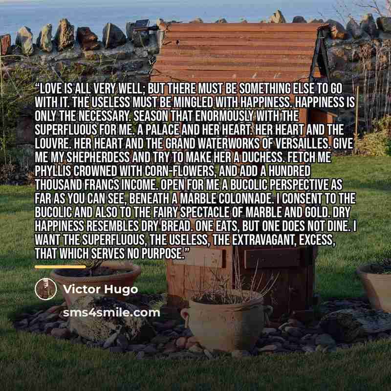 “Love is all very well; but there must be something else to go with it. The useless must be mingled with happiness. Happiness is only the necessary. Season that enormously with the superfluous for me. A palace and her heart. Her heart and the Louvre. Her heart and the grand waterworks of…” quote by Victor Hugo