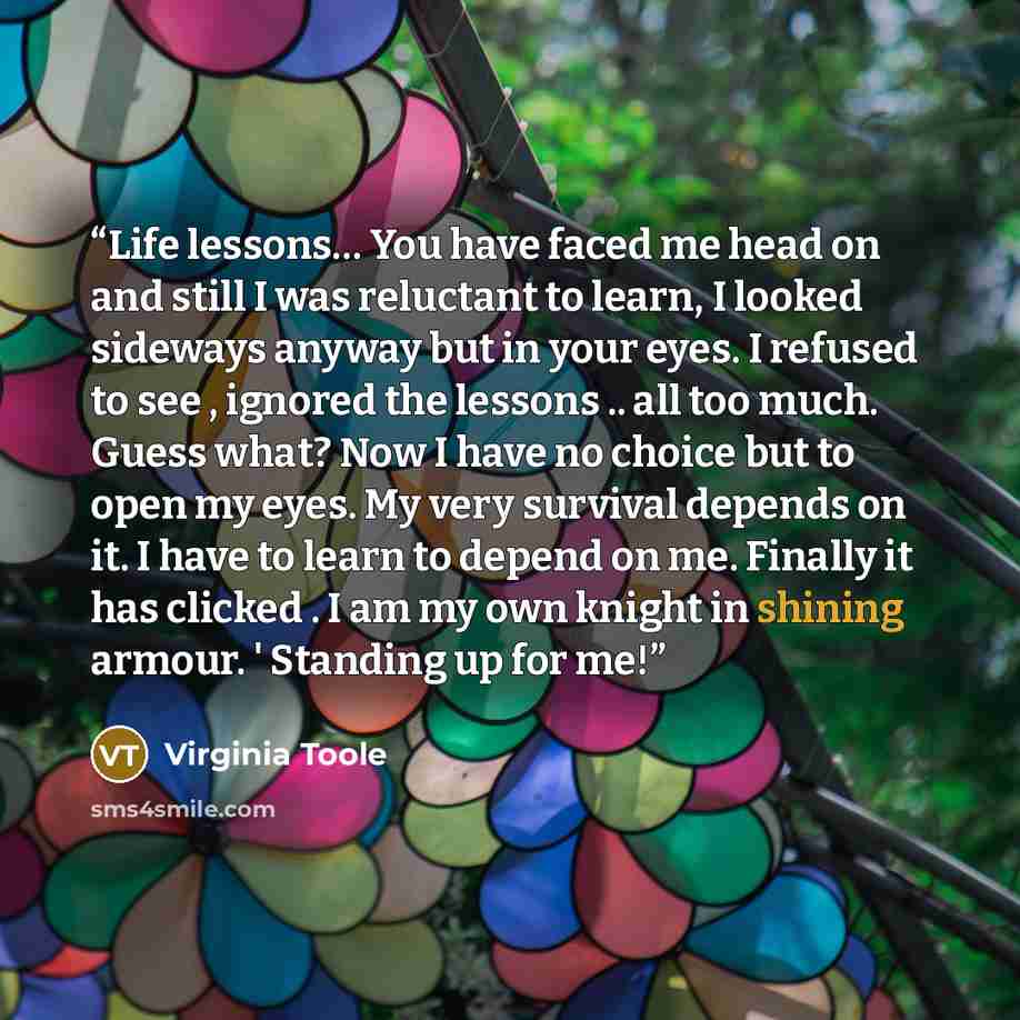 “Life lessons… You have faced me head on and still I was reluctant to learn, I looked sideways anyway but in your eyes. I refused to see , ignored the lessons .. all too much. Guess what? Now I have no choice but to open my eyes. My very survival depends on it. I have to learn to depend on me…” quote by Virginia Toole
