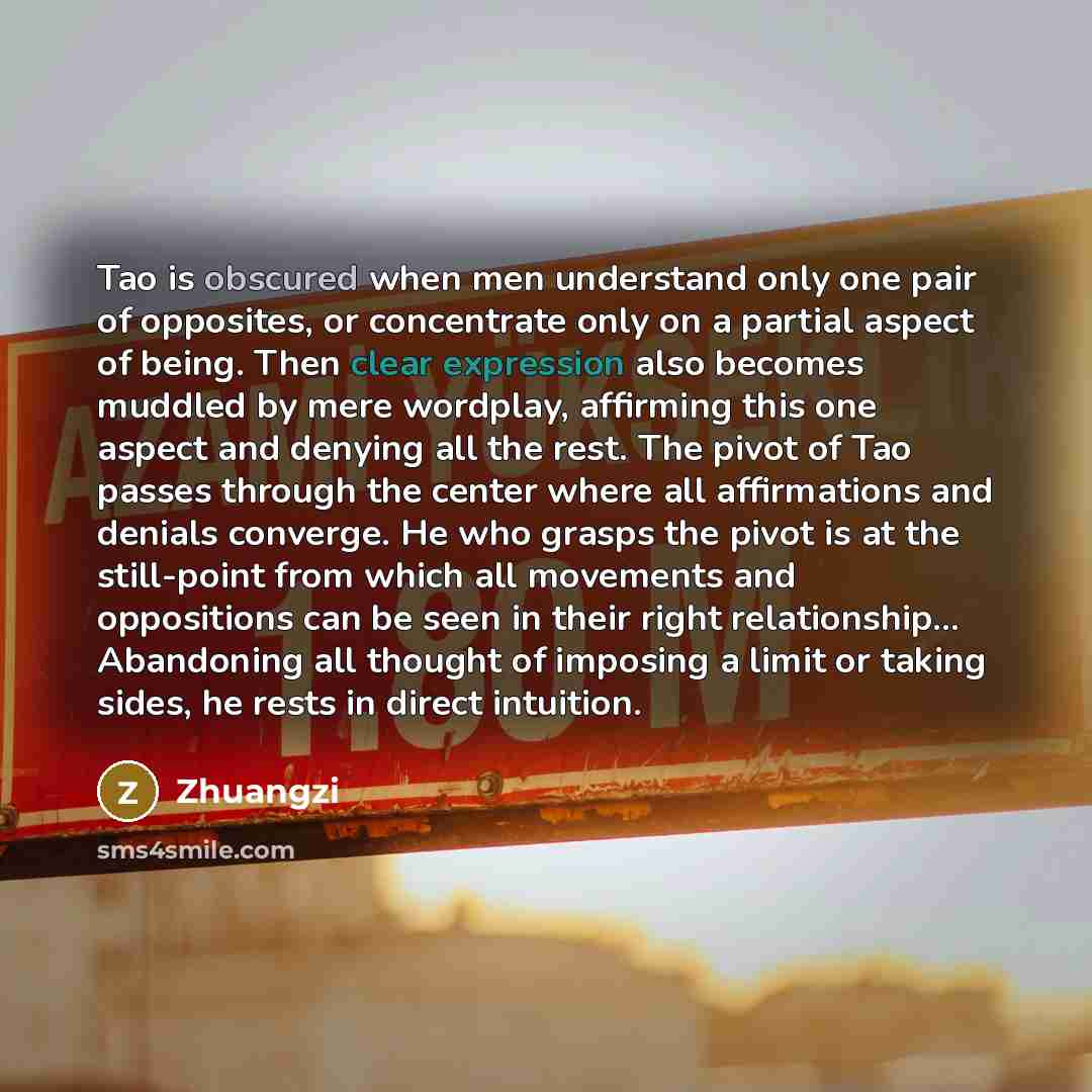 “Tao is obscured when men understand only one pair of opposites, or concentrate only on a partial aspect of being. Then clear expression also becomes muddled by mere wordplay, affirming this one aspect and denying all the rest. The pivot of Tao passes through the center where all affirmations and…” quote by Zhuangzi