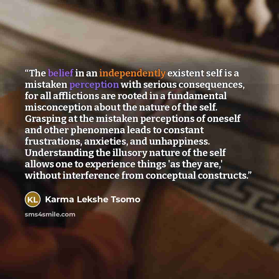 “The belief in an independently existent self is a mistaken perception with serious consequences, for all afflictions are rooted in a fundamental misconception about the nature of the self. Grasping at the mistaken perceptions of oneself and other phenomena leads to constant frustrations…” quote by Karma Lekshe Tsomo