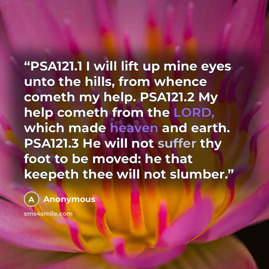 “PSA121.1 I will lift up mine eyes unto the hills, from whence cometh my help. PSA121.2 My help cometh from the LORD, which made heaven and earth. PSA121.3 He will not suffer thy foot to be moved: he that keepeth thee will not slumber.” quote by Anonymous