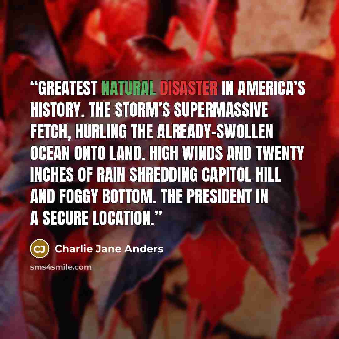“greatest natural disaster in America’s history. The storm’s supermassive fetch, hurling the already-swollen ocean onto land. High winds and twenty inches of rain shredding Capitol Hill and Foggy Bottom. The President in a secure location.” quote by Charlie Jane Anders