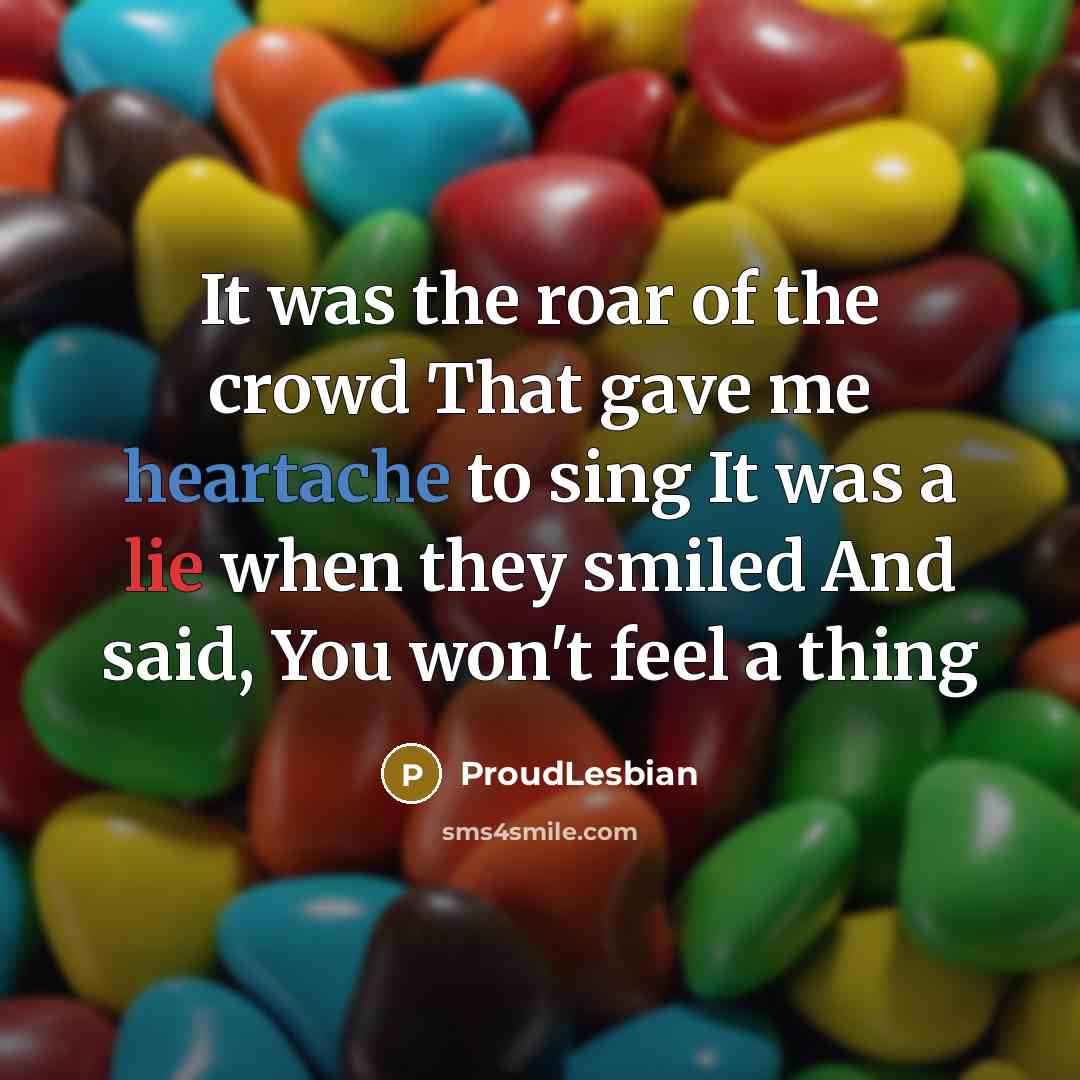 “It was the roar of the crowd That gave me heartache to sing It was a lie when they smiled And said, You won't feel a thing” quote by ProudLesbian