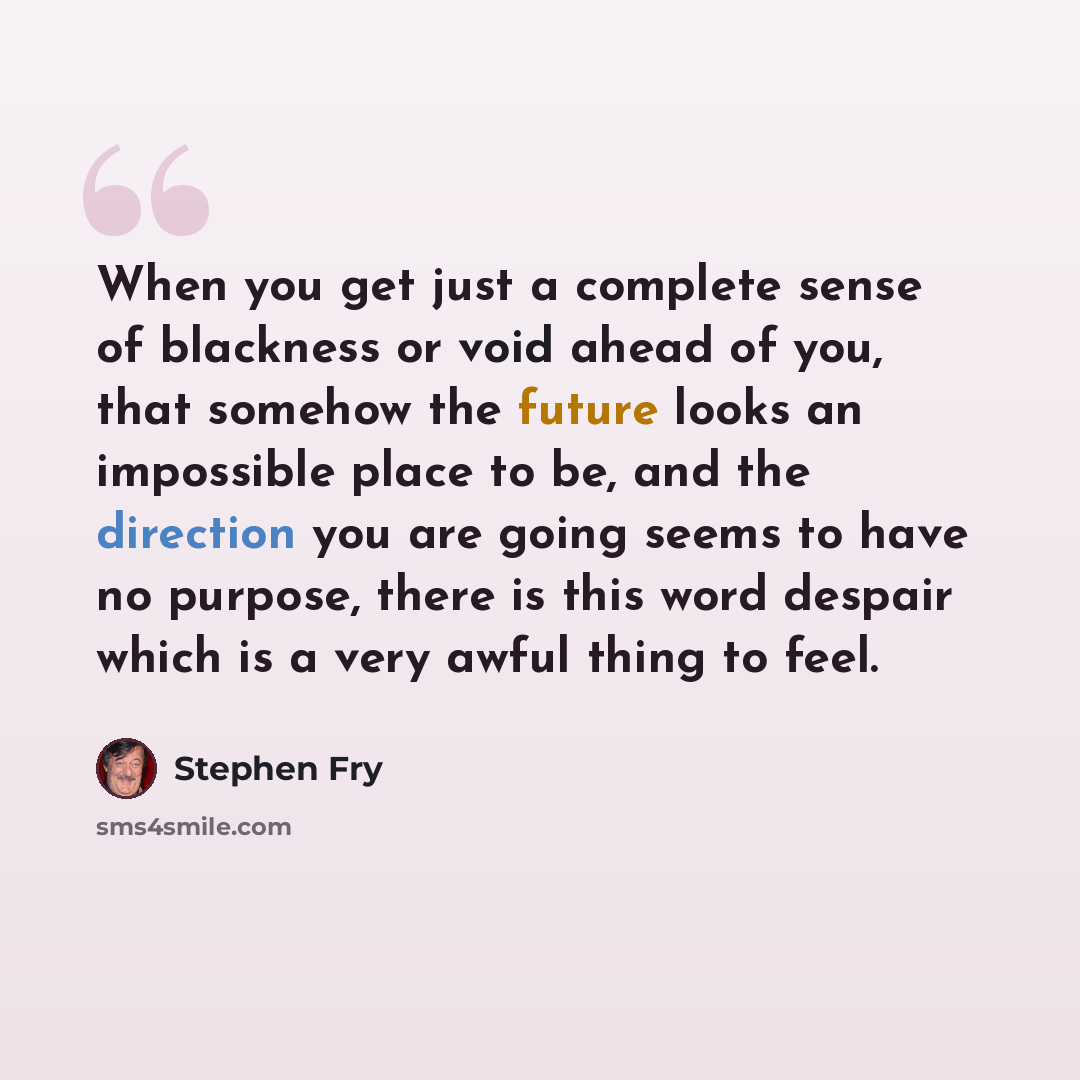 “When you get just a complete sense of blackness or void ahead of you, that somehow the future looks an impossible place to be, and the direction you are going seems to have no purpose, there is this word despair which is a very awful thing to feel.” quote by Stephen Fry