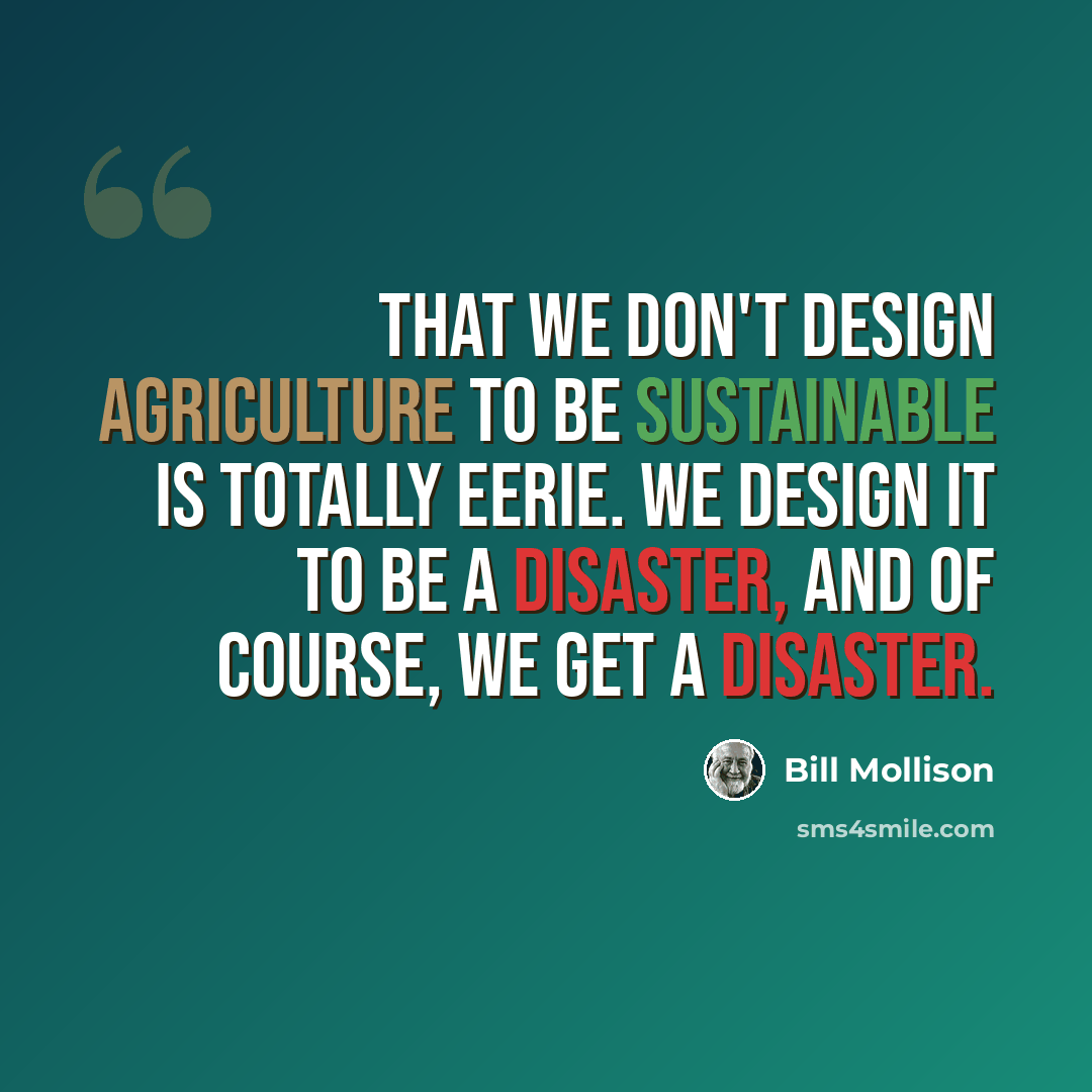 “That we don't design agriculture to be sustainable is totally eerie. We design it to be a disaster, and of course, we get a disaster.” quote by Bill Mollison