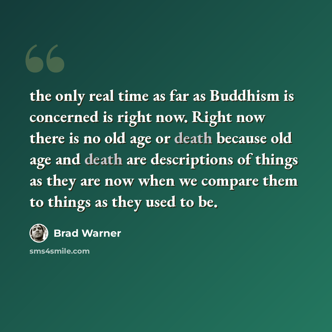 “the only real time as far as Buddhism is concerned is right now. Right now there is no old age or death because old age and death are descriptions of things as they are now when we compare them to things as they used to be.” quote by Brad Warner