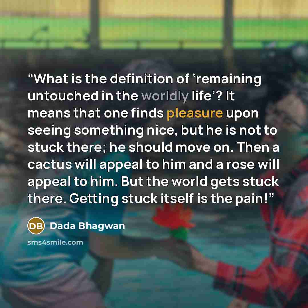 “What is the definition of ‘remaining untouched in the worldly life’? It means that one finds pleasure upon seeing something nice, but he is not to stuck there; he should move on. Then a cactus will appeal to him and a rose will appeal to him. But the world gets stuck there. Getting stuck itself is…” quote by Dada Bhagwan