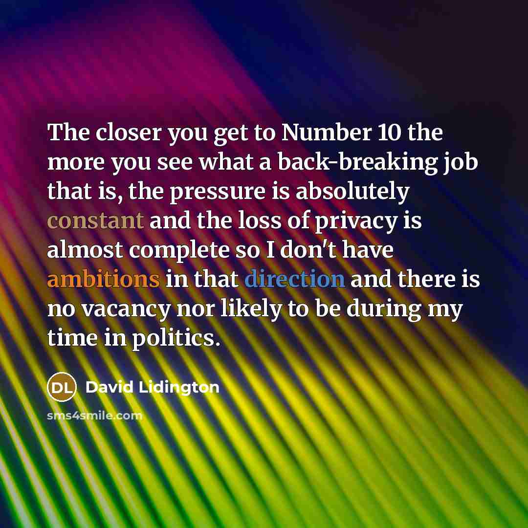 “The closer you get to Number 10 the more you see what a back-breaking job that is, the pressure is absolutely constant and the loss of privacy is almost complete so I don't have ambitions in that direction and there is no vacancy nor likely to be during my time in politics.” quote by David Lidington