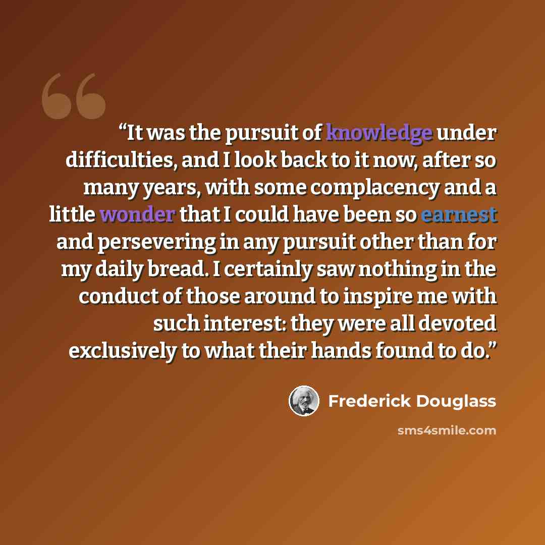 “It was the pursuit of knowledge under difficulties, and I look back to it now, after so many years, with some complacency and a little wonder that I could have been so earnest and persevering in any pursuit other than for my daily bread. I certainly saw nothing in the conduct of those around to…” quote by Frederick Douglass