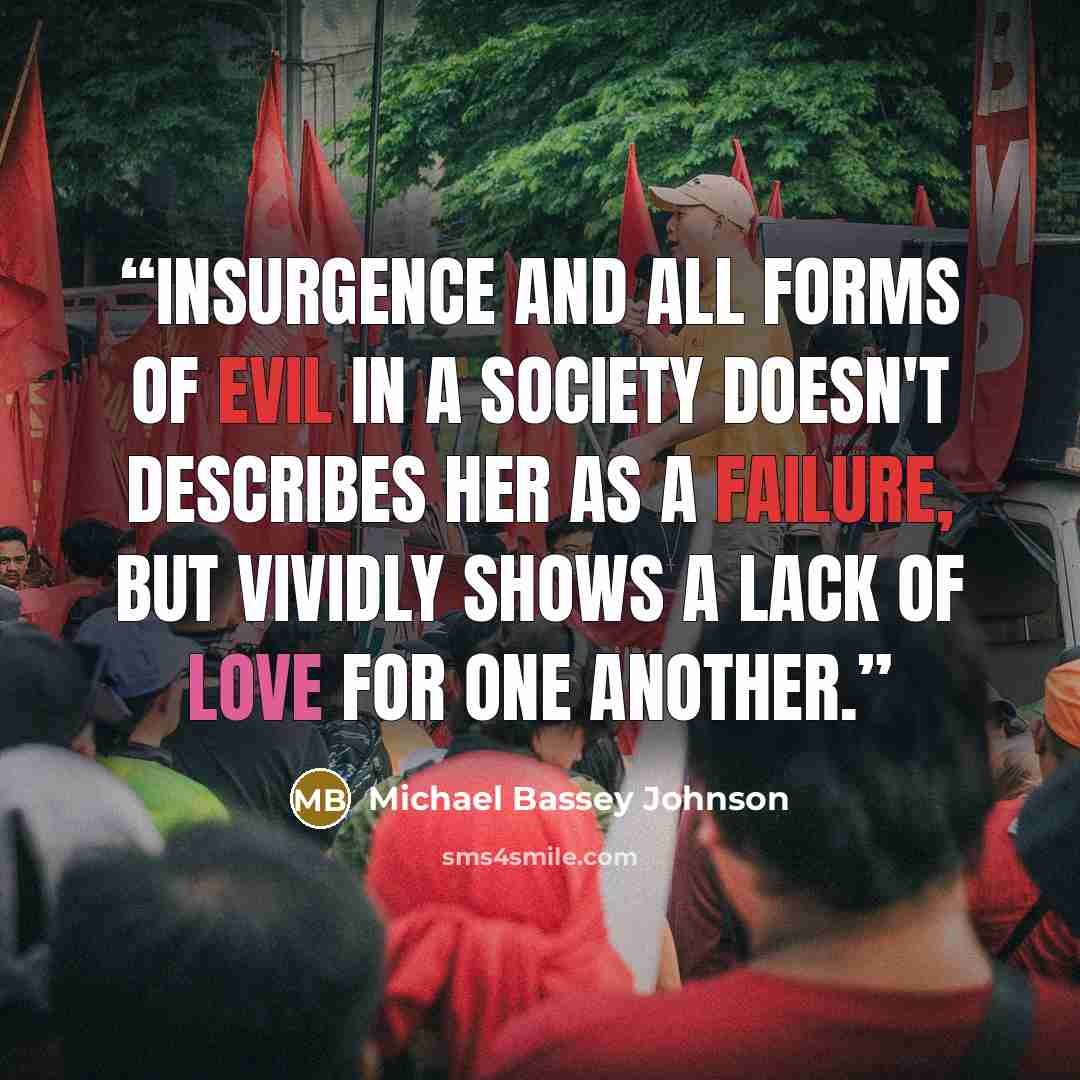 “Insurgence and all forms of evil in a society doesn't describes her as a failure, but vividly shows a lack of love for one another.” quote by Michael Bassey Johnson