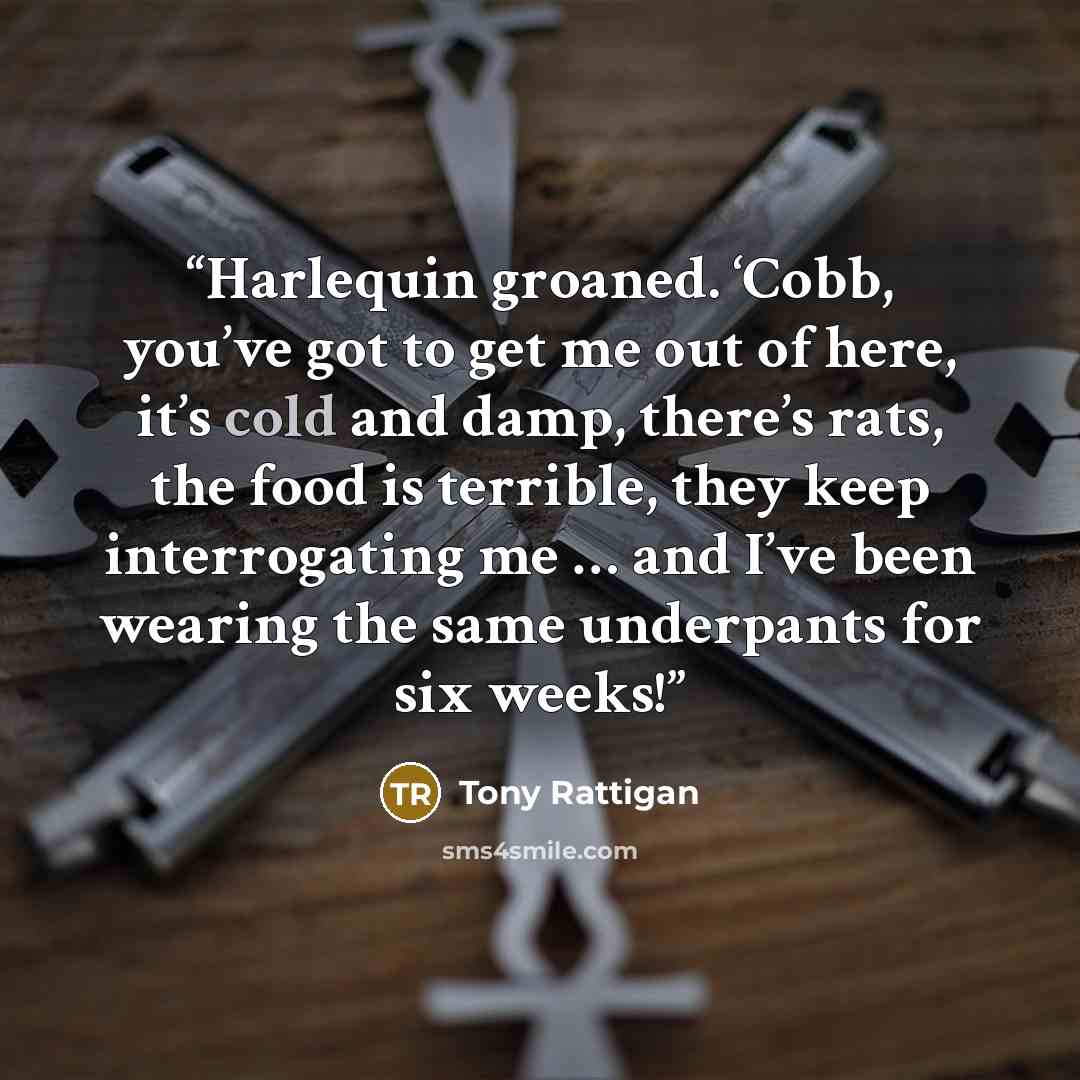 “Harlequin groaned. ‘Cobb, you’ve got to get me out of here, it’s cold and damp, there’s rats, the food is terrible, they keep interrogating me … and I’ve been wearing the same underpants for six weeks!” quote by Tony Rattigan