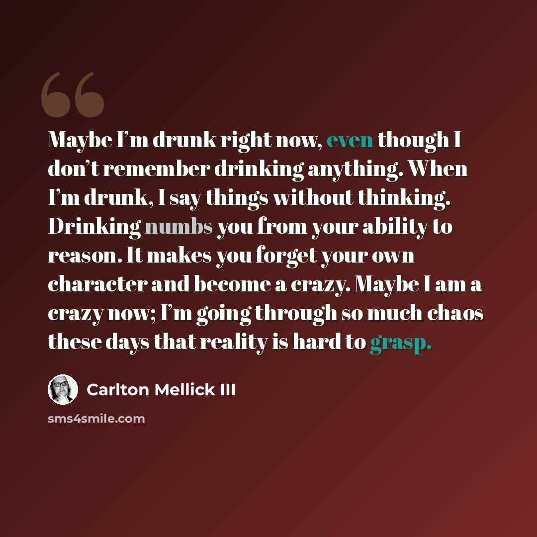 “Maybe I’m drunk right now, even though I don’t remember drinking anything. When I’m drunk, I say things without thinking. Drinking numbs you from your ability to reason. It makes you forget your own character and become a crazy. Maybe I am a crazy now; I’m going through so much chaos these days…” quote by Carlton Mellick III