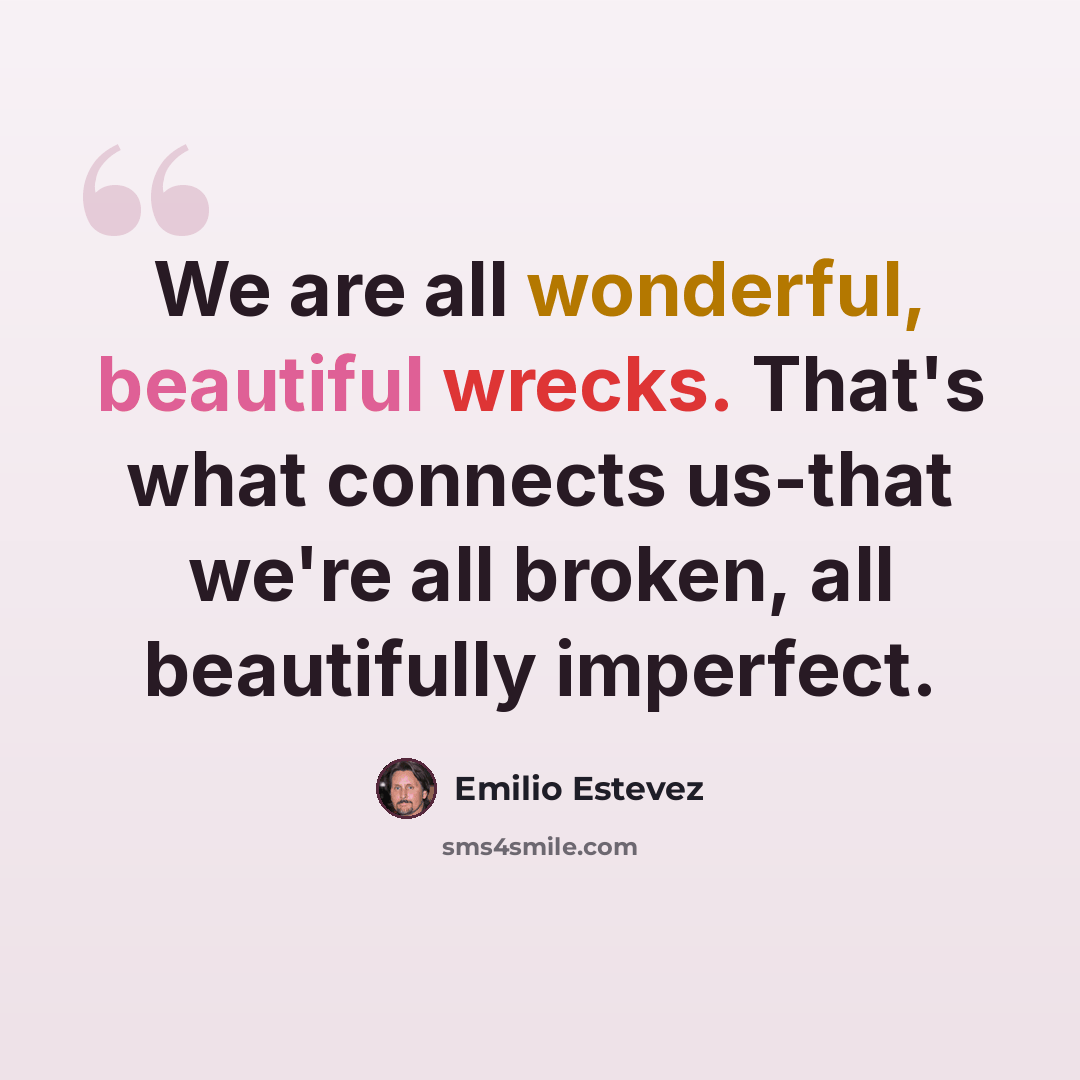 “We are all wonderful, beautiful wrecks. That's what connects us-that we're all broken, all beautifully imperfect.” quote by Emilio Estevez