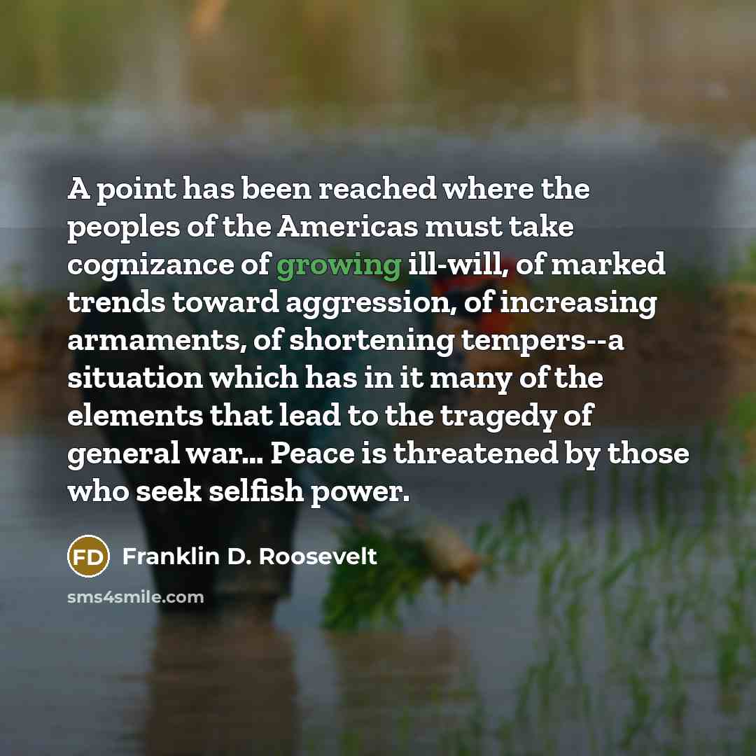 “A point has been reached where the peoples of the Americas must take cognizance of growing ill-will, of marked trends toward aggression, of increasing armaments, of shortening tempers--a situation which has in it many of the elements that lead to the tragedy of general war… Peace is threatened by…” quote by Franklin D. Roosevelt