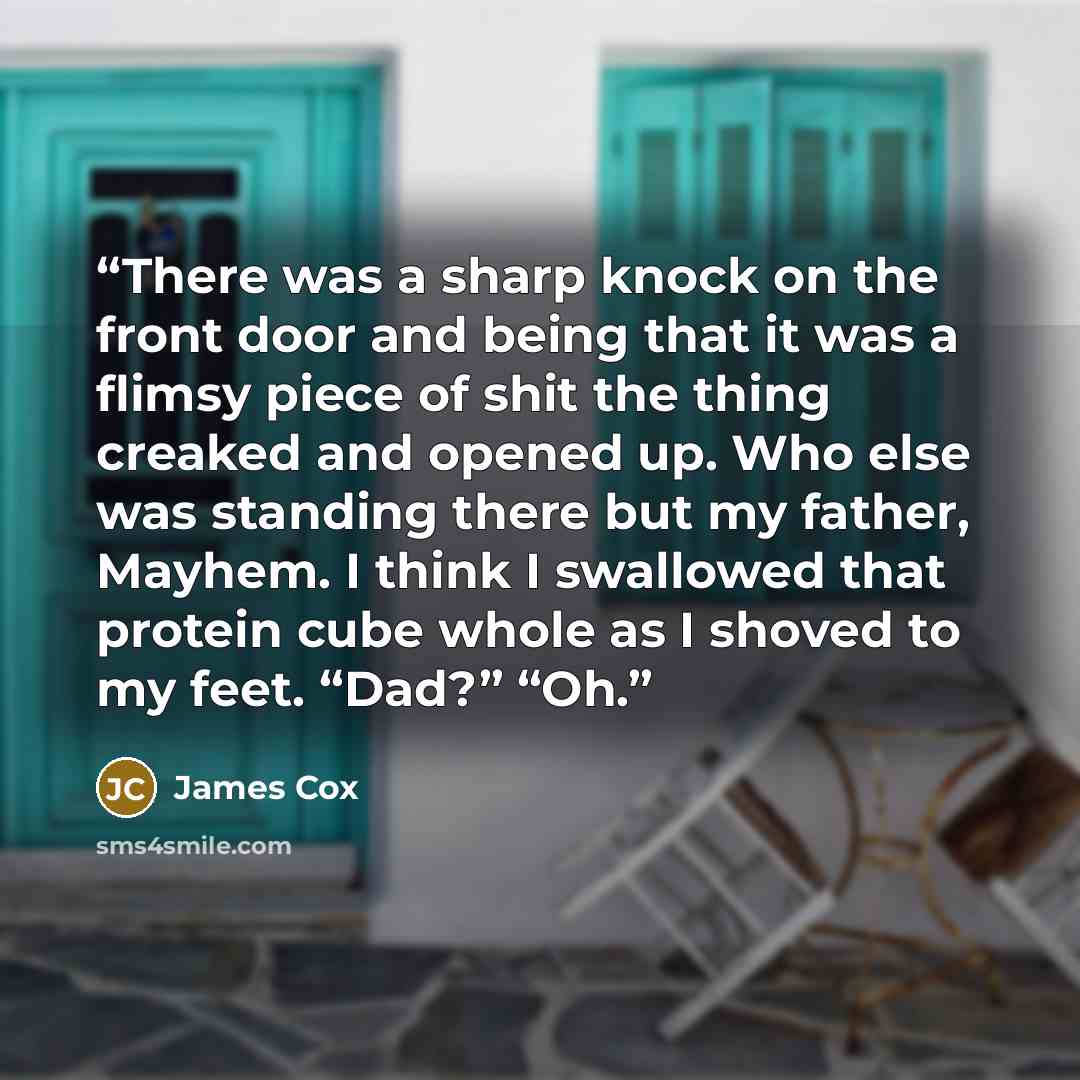 “There was a sharp knock on the front door and being that it was a flimsy piece of shit the thing creaked and opened up. Who else was standing there but my father, Mayhem. I think I swallowed that protein cube whole as I shoved to my feet. “Dad?” “Oh.” quote by James Cox