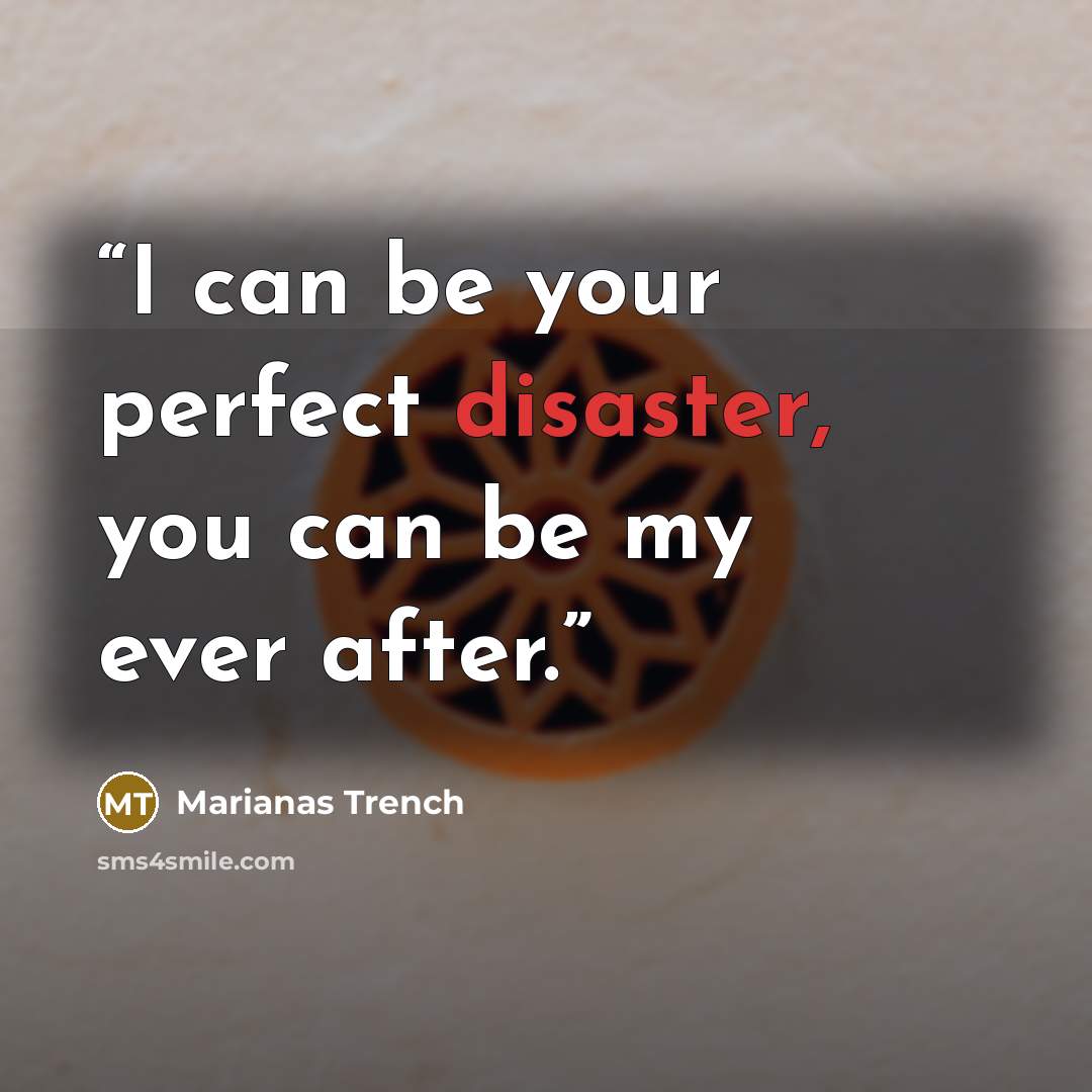 “I can be your perfect disaster, you can be my ever after.” quote by Marianas Trench