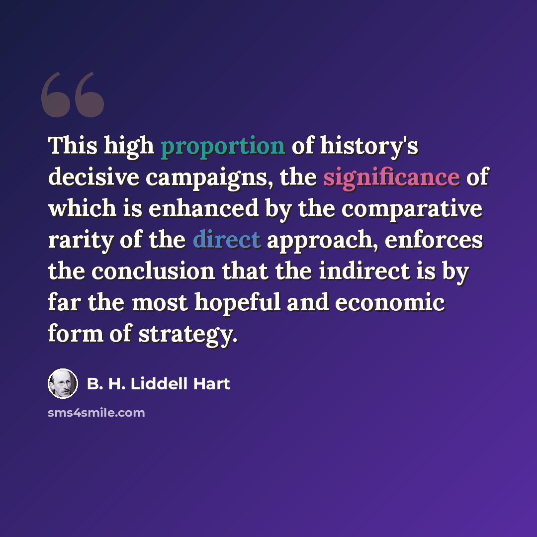 “This high proportion of history's decisive campaigns, the significance of which is enhanced by the comparative rarity of the direct approach, enforces the conclusion that the indirect is by far the most hopeful and economic form of strategy.” quote by B. H. Liddell Hart