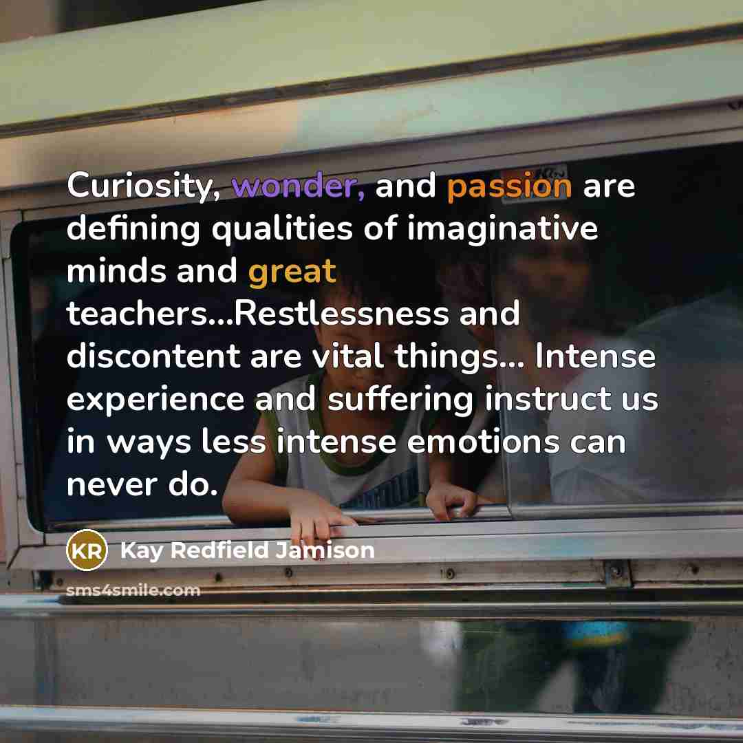 “Curiosity, wonder, and passion are defining qualities of imaginative minds and great teachers...Restlessness and discontent are vital things... Intense experience and suffering instruct us in ways less intense emotions can never do.” quote by Kay Redfield Jamison
