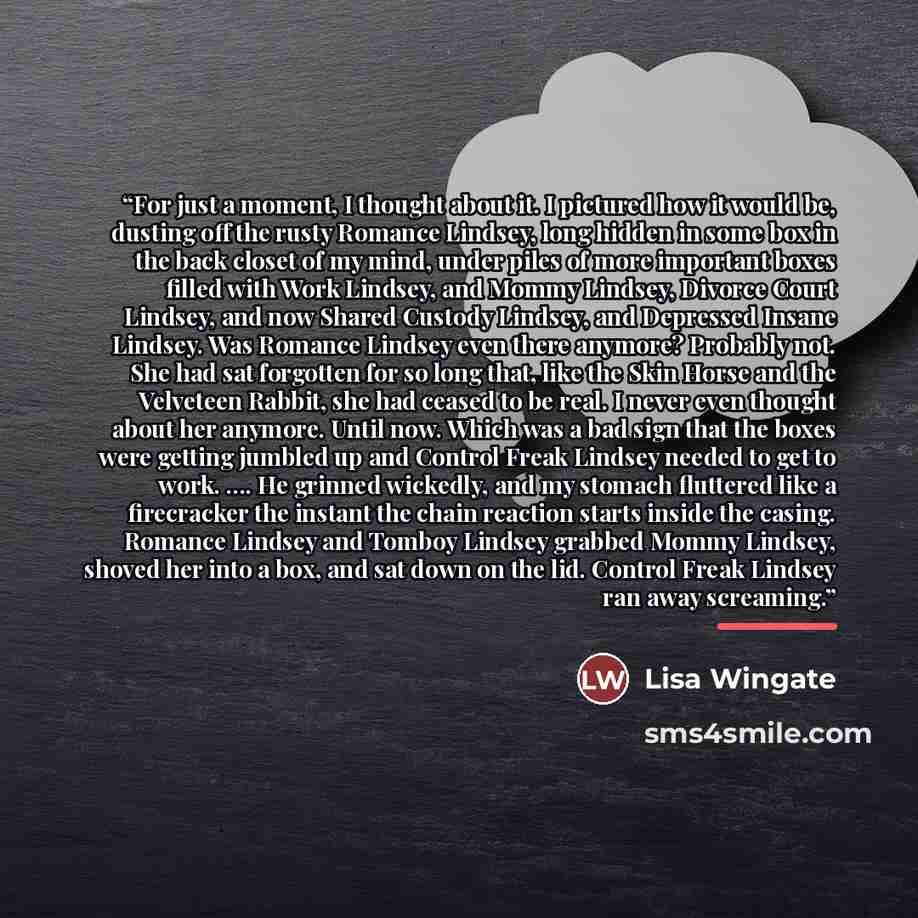 “For just a moment, I thought about it. I pictured how it would be, dusting off the rusty Romance Lindsey, long hidden in some box in the back closet of my mind, under piles of more important boxes filled with Work Lindsey, and Mommy Lindsey, Divorce Court Lindsey, and now Shared Custody Lindsey…” quote by Lisa Wingate