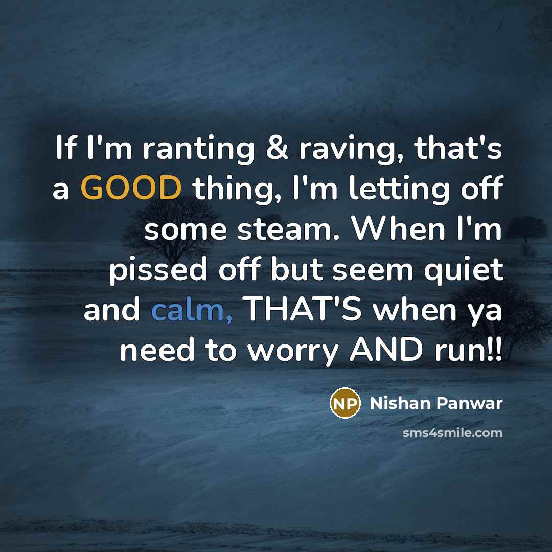 “If I'm ranting & raving, that's a GOOD thing, I'm letting off some steam. When I'm pissed off but seem quiet and calm, THAT'S when ya need to worry AND run!!” quote by Nishan Panwar
