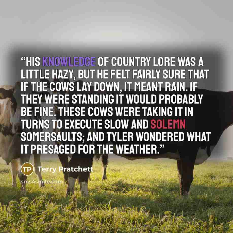 “His knowledge of country lore was a little hazy, but he felt fairly sure that if the cows lay down, it meant rain. If they were standing it would probably be fine. These cows were taking it in turns to execute slow and solemn somersaults; and Tyler wondered what it presaged for the weather.” quote by Terry Pratchett