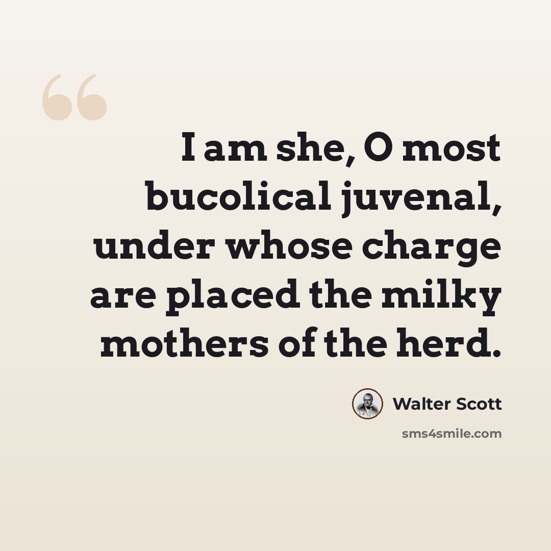 “I am she, O most bucolical juvenal, under whose charge are placed the milky mothers of the herd.” quote by Walter Scott