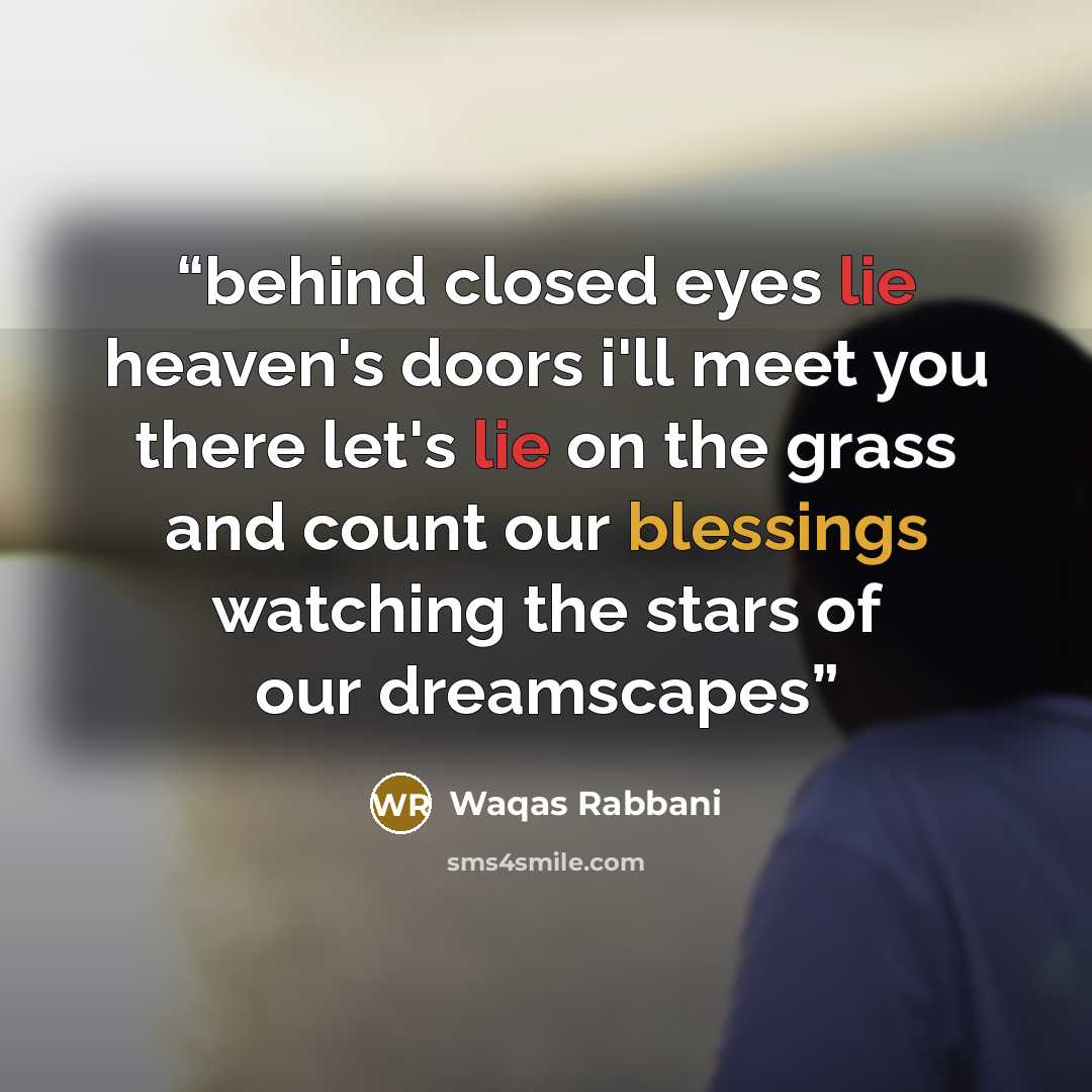 “behind closed eyes lie heaven's doors i'll meet you there let's lie on the grass and count our blessings watching the stars of our dreamscapes” quote by Waqas Rabbani