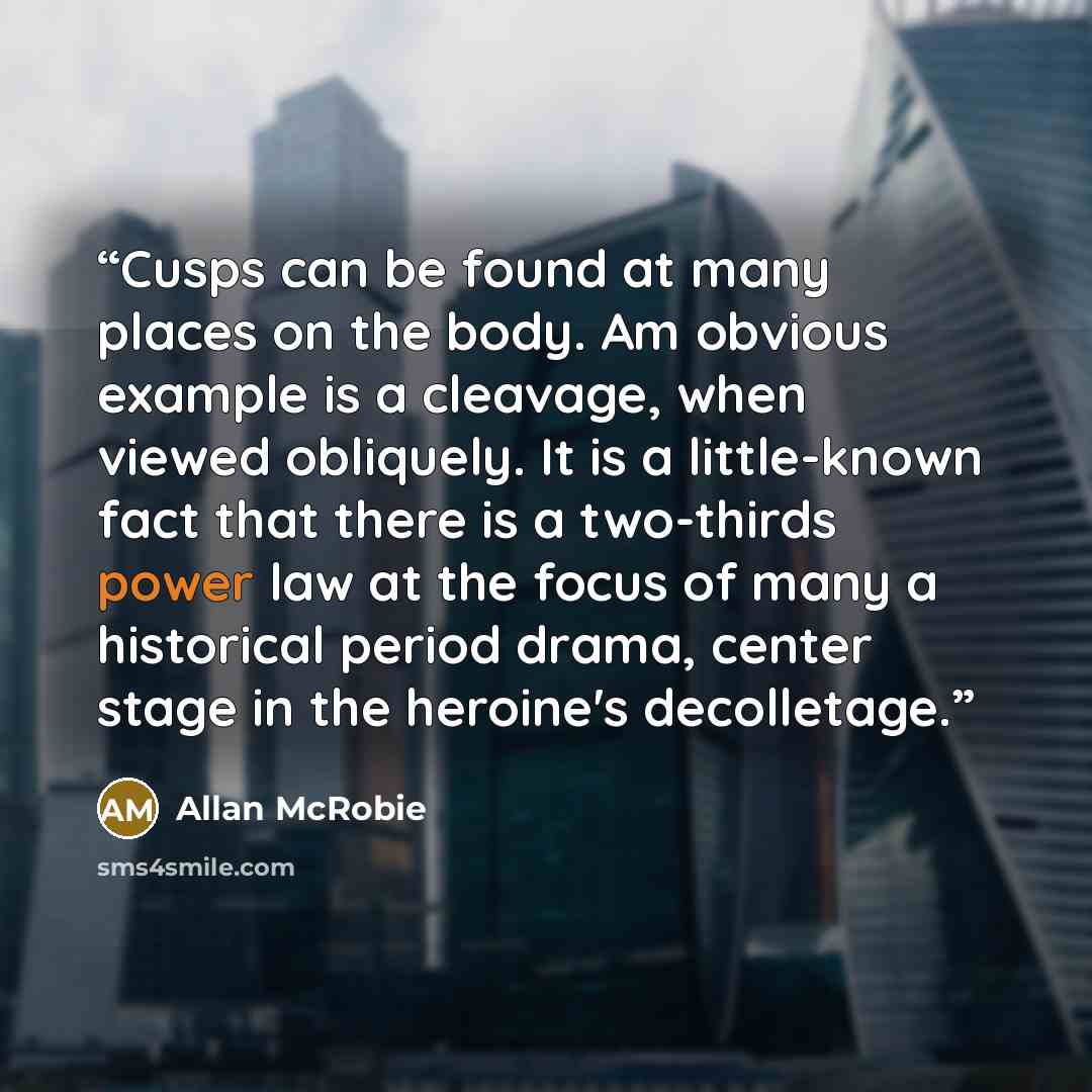 “Cusps can be found at many places on the body. Am obvious example is a cleavage, when viewed obliquely. It is a little-known fact that there is a two-thirds power law at the focus of many a historical period drama, center stage in the heroine's decolletage.” quote by Allan McRobie