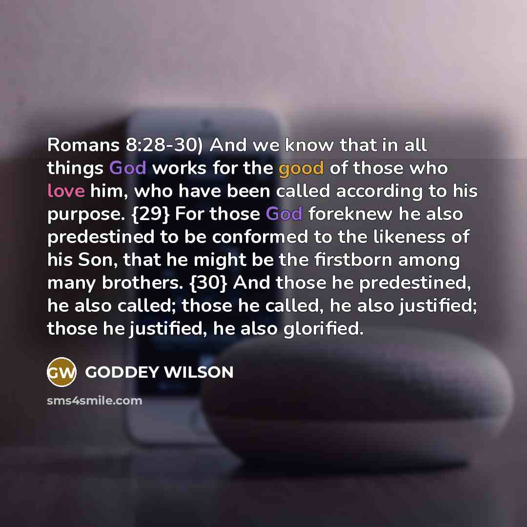 “Romans 8:28-30) And we know that in all things God works for the good of those who love him, who have been called according to his purpose. {29} For those God foreknew he also predestined to be conformed to the likeness of his Son, that he might be the firstborn among many brothers. {30} And those…” quote by GODDEY WILSON